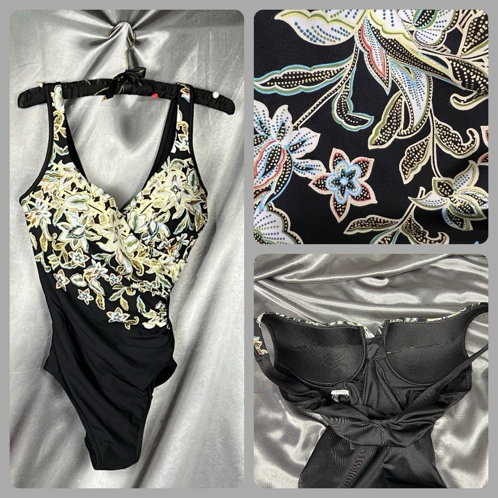 Miraclesuit It's A Wrap One Piece Underwire Swimsuit Size 12 Black Paisley Beach